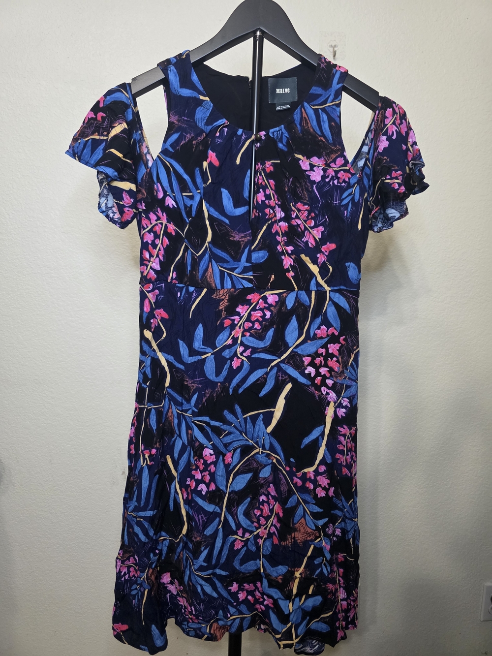 Anthropologie Maeve Elia Cold Shoulder Floral Midi Dress Size 8 Navy Blue Pink